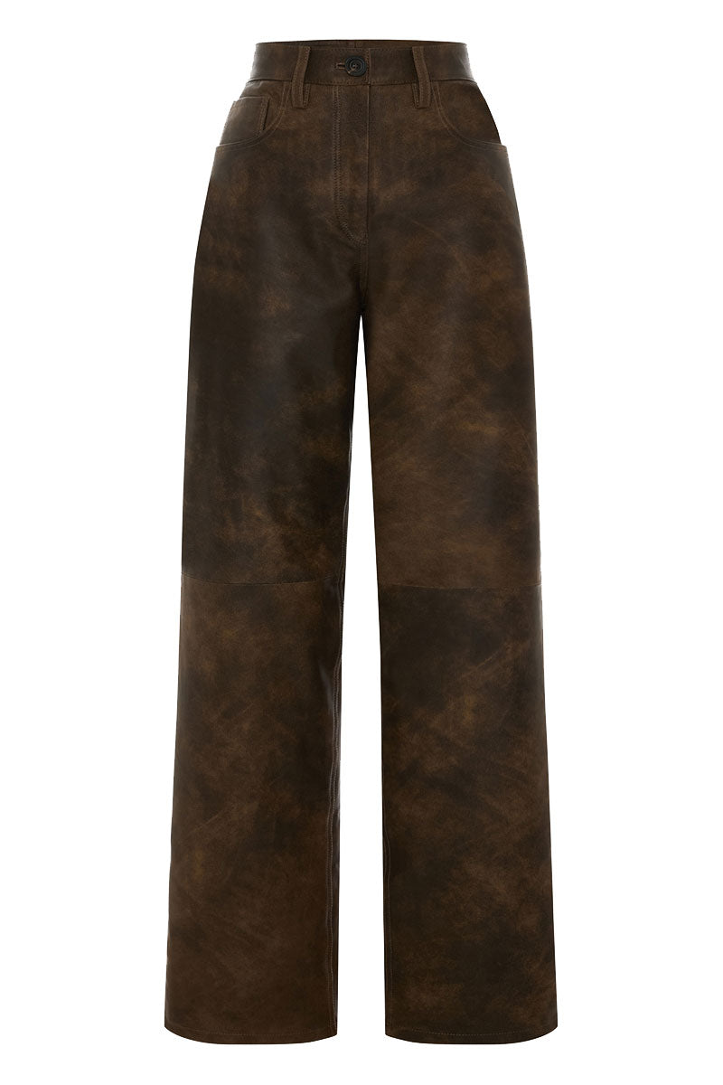 Acaria Studio root washed leather pants, stylish and fitted, with detailed stitching and a smooth leather texture.