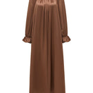 Brown silk custom gown robe from Not Just Pajama, featuring a luxurious, smooth fabric and elegant design.