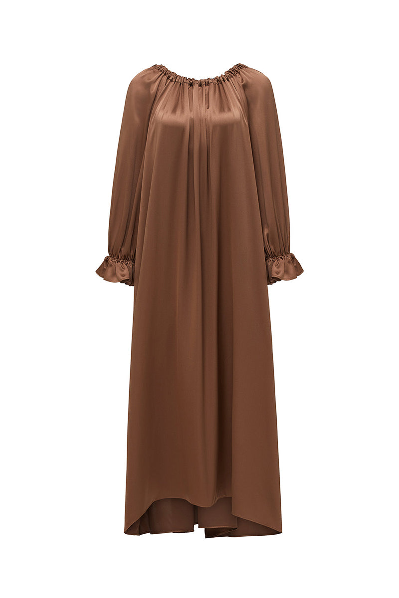 SILK CUSTOM GOWN ROBE IN BROWN - CULT MIA
