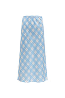 KIKI CAT 22 Momme Mulberry Blue Silk Bias Midi Skirt from Not Just Pajama, with smooth silk fabric and elegant midi length.