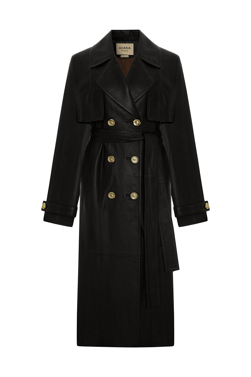 Dark brown leather trench coat by Acaria Studio, stylishly tailored with classic design and sleek details.