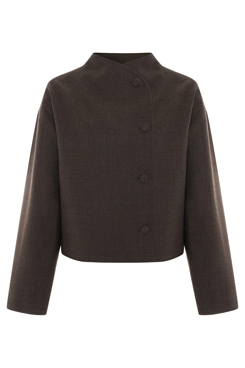 Acaria Studio Sahara Jacket in coffee color, stylish and cozy jacket with a tailored fit, displayed on a mannequin.