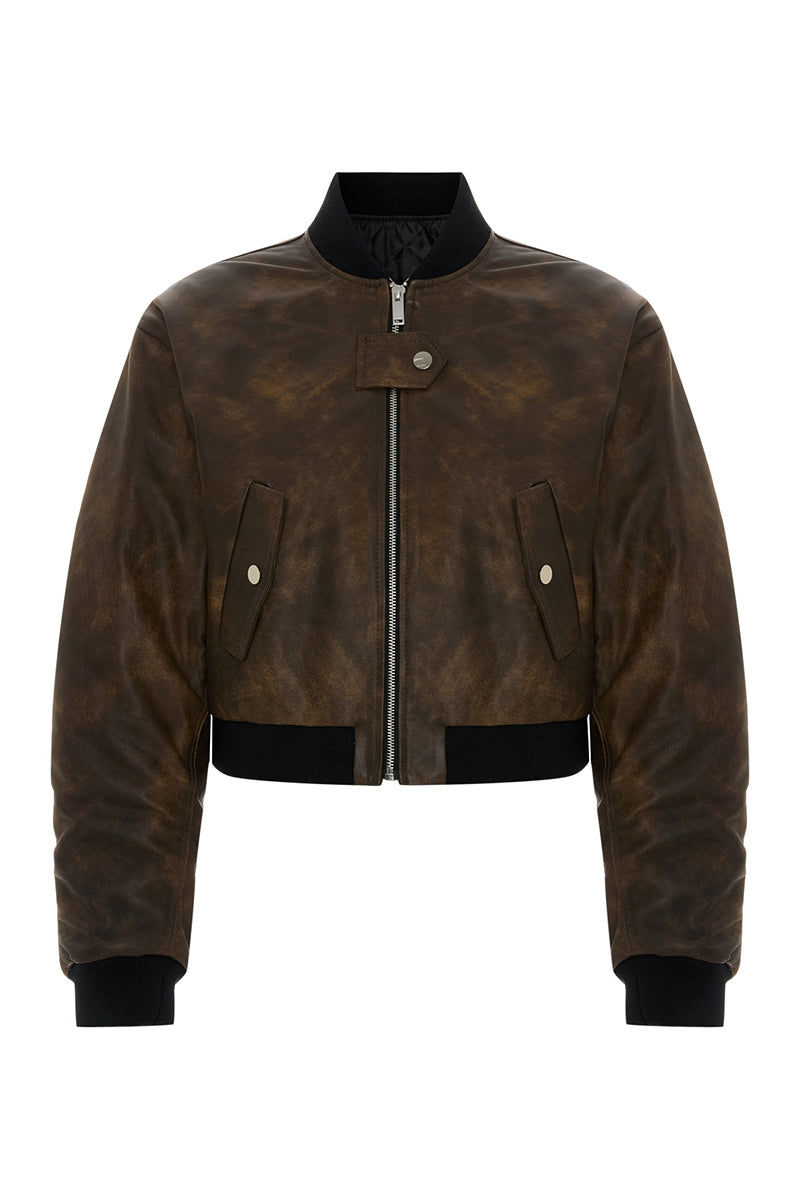 Acaria Studio Nostalgie leather bomber jacket featuring classic design, with a smooth leather finish and ribbed collar and cuffs.
