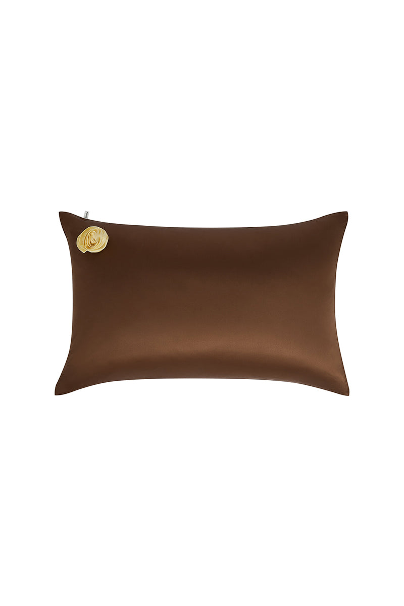 Brown Tuscan Rose silk pillowcase by Not Just Pajama, smooth and luxurious homeware bedding accessory with elegant design
