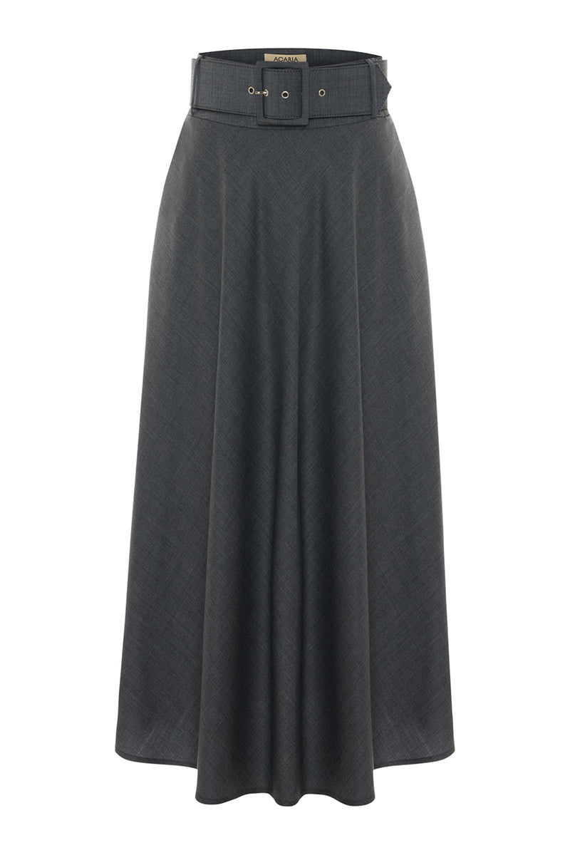 Long black maxi skirt by Acaria Studio, featuring flowing fabric and elegant design from the Wisdom Skirt collection.