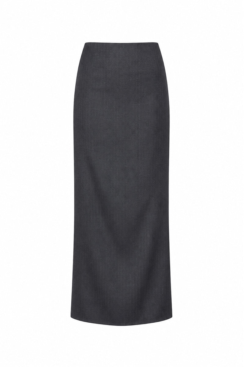 Gray striped Stardust pencil midi skirt by Acaria Studio, shown with a fitted waist and classic pencil silhouette.