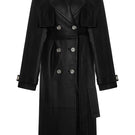 Black leather trench jacket from Acaria Studio's Journey collection, featuring classic lapels and a tailored fit.