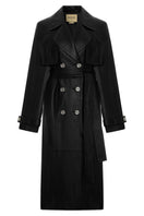 Black leather trench jacket from Acaria Studio's Journey collection, featuring classic lapels and a tailored fit.