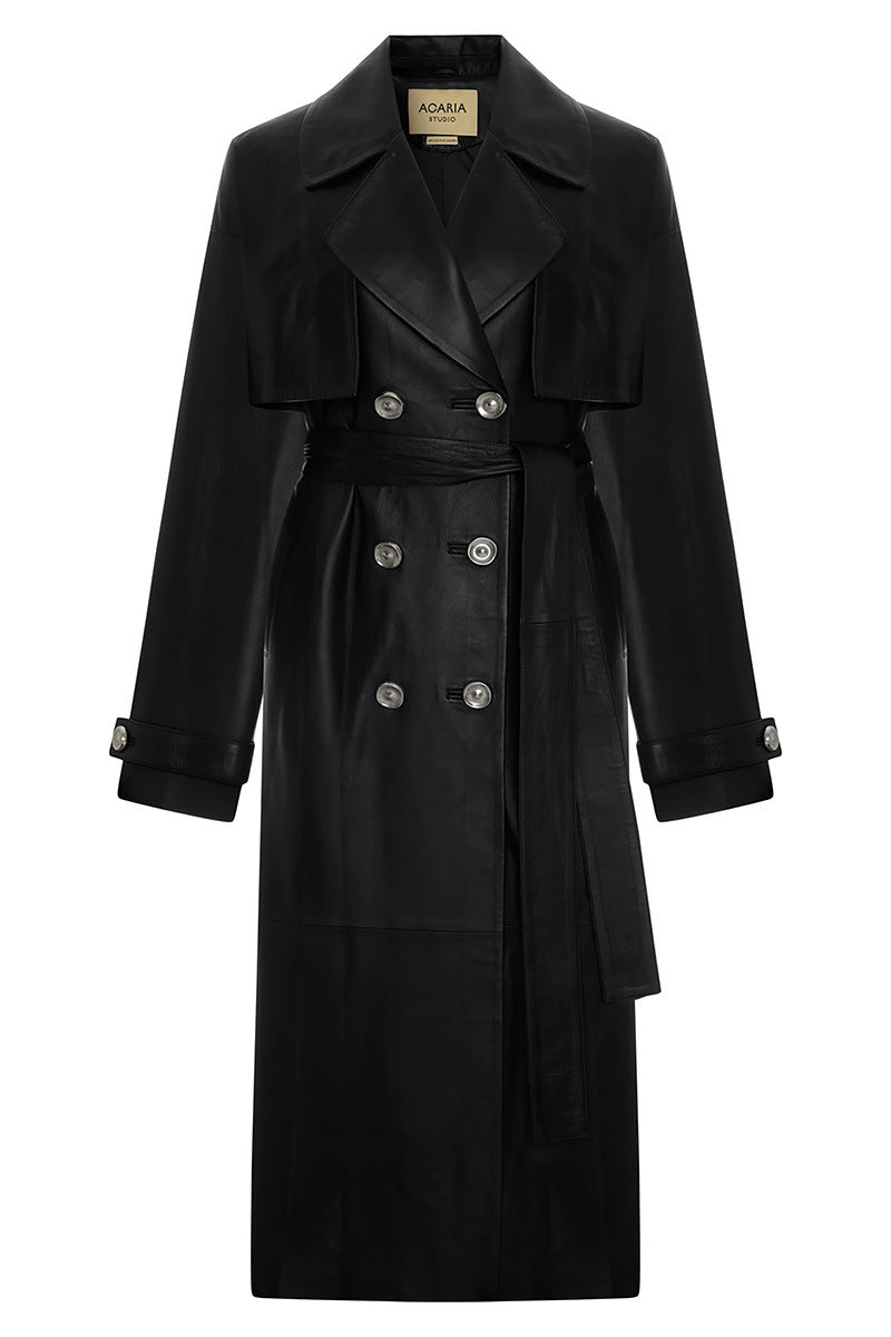 Black leather trench jacket from Acaria Studio's Journey collection, featuring classic lapels and a tailored fit.