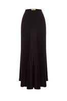 Brown satin maxi skirt by Acaria Studio featuring a flowing design and elegant waistband, styled for a sophisticated look.
