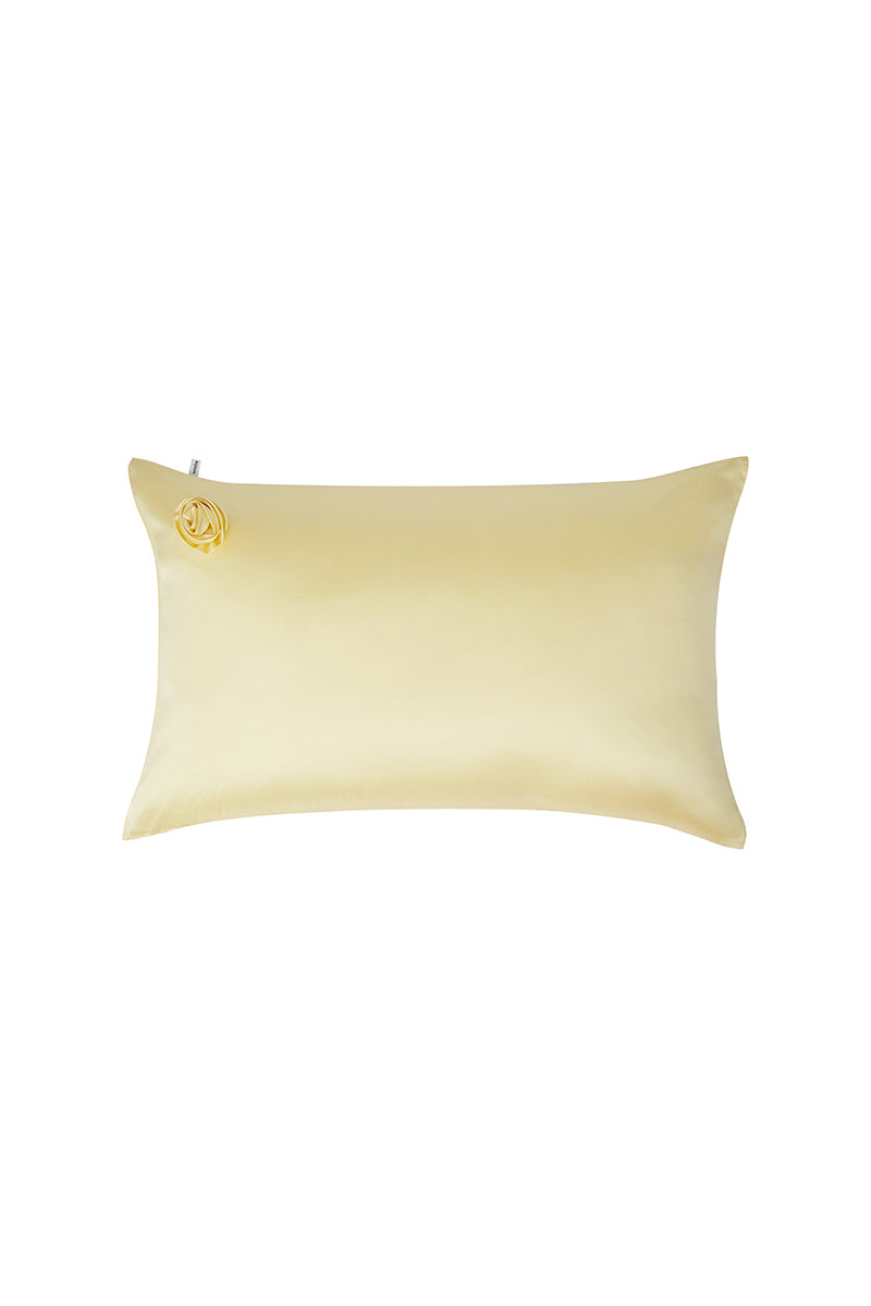 Yellow Tuscan Rose silk pillowcase from Not Just Pajama, showcasing smooth, luxurious silk fabric with a soft, elegant appearance.