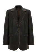 Acaria Studio Lou Boyfriend Leather Blazer, black tailored blazer with lapels and side pockets, stylish and modern design.