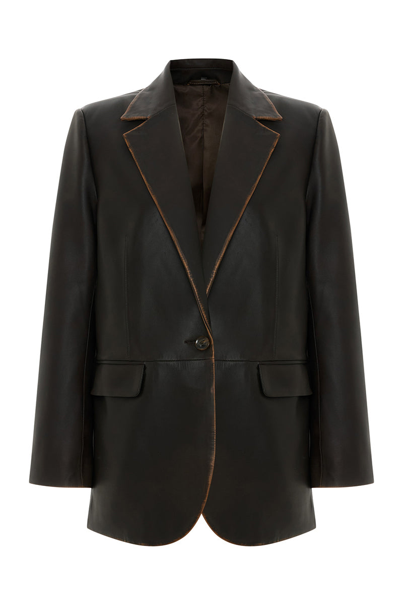 Acaria Studio Lou Boyfriend Leather Blazer, black tailored blazer with lapels and side pockets, stylish and modern design.