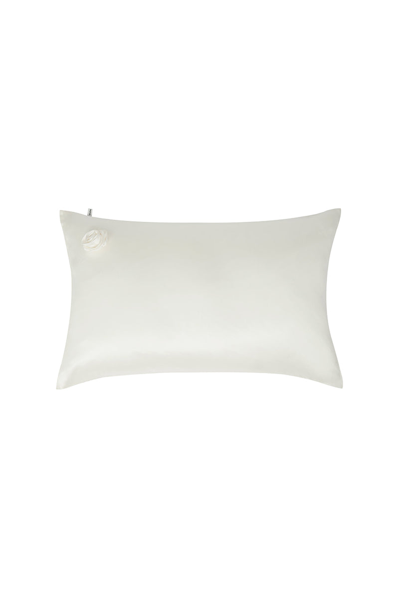 White Tuscan Rose silk pillowcase by Not Just Pajama, showcasing smooth, luxurious fabric and elegant homeware design.