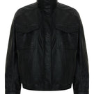 Acaria Studio Zoe leather bomber jacket displayed on a hanger, featuring a sleek black leather design with ribbed cuffs and collar.