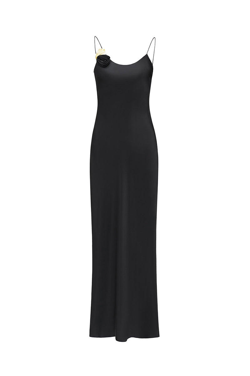PETALS SILK BIAS-CUT DRESS IN BLACK - CULT MIA