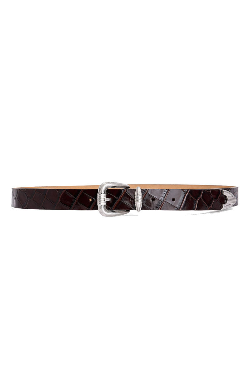 Maroon crocodile leather belt from Acaria Studio, Victory Leather Belt with textured crocodile pattern and sleek finish.