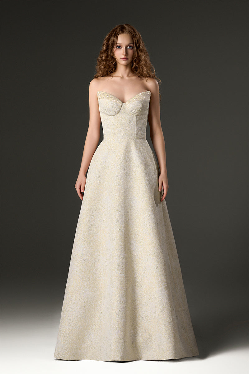 LOTUS BROCADE A-LINE DRESS IN YELLOW | CULT MIA