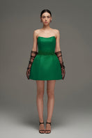Dark green I.H.F Studio bustier mini dress, fitted with a structured bodice and short hem, shown from multiple angles.