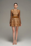 Brown long sleeve lace mini dress by I.H.F Studio, featuring intricate lace details and a fitted silhouette.