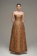 Brown lace bustier gown by I.H.F Studio, elegant evening dress with intricate lace details and fitted silhouette.