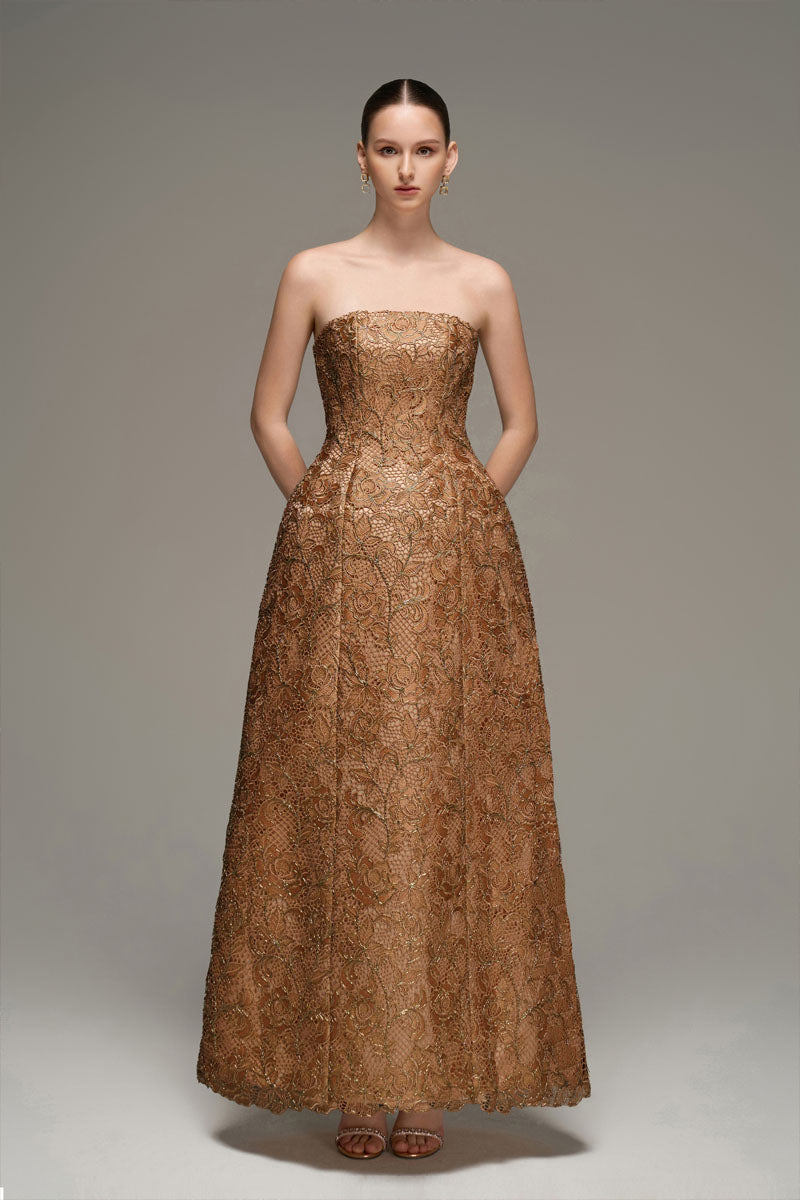 Brown lace bustier gown by I.H.F Studio, elegant evening dress with intricate lace details and fitted silhouette.