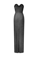 Black Margaux Glitter Elastic Gown by 21Six, showcasing a fitted design with shimmering glitter fabric and elegant elastic waist.
