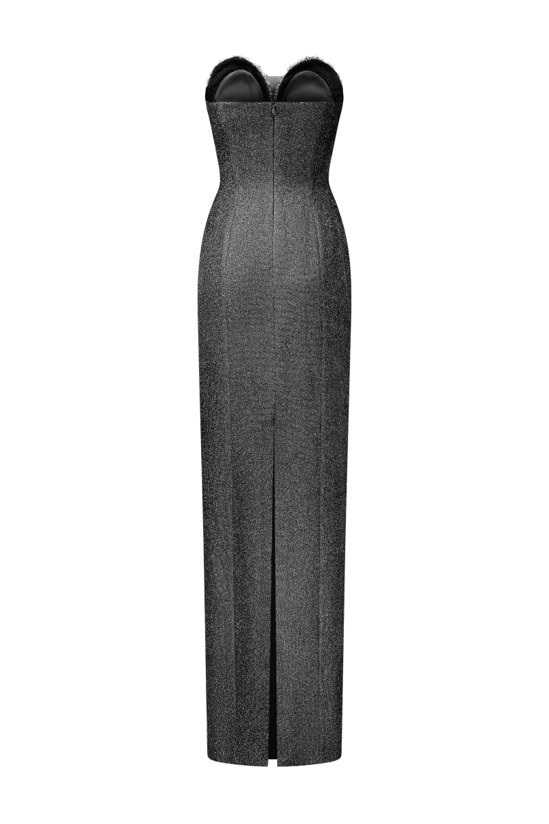 Black Margaux Glitter Elastic Gown by 21Six, showcasing a fitted design with shimmering glitter fabric and elegant elastic waist.
