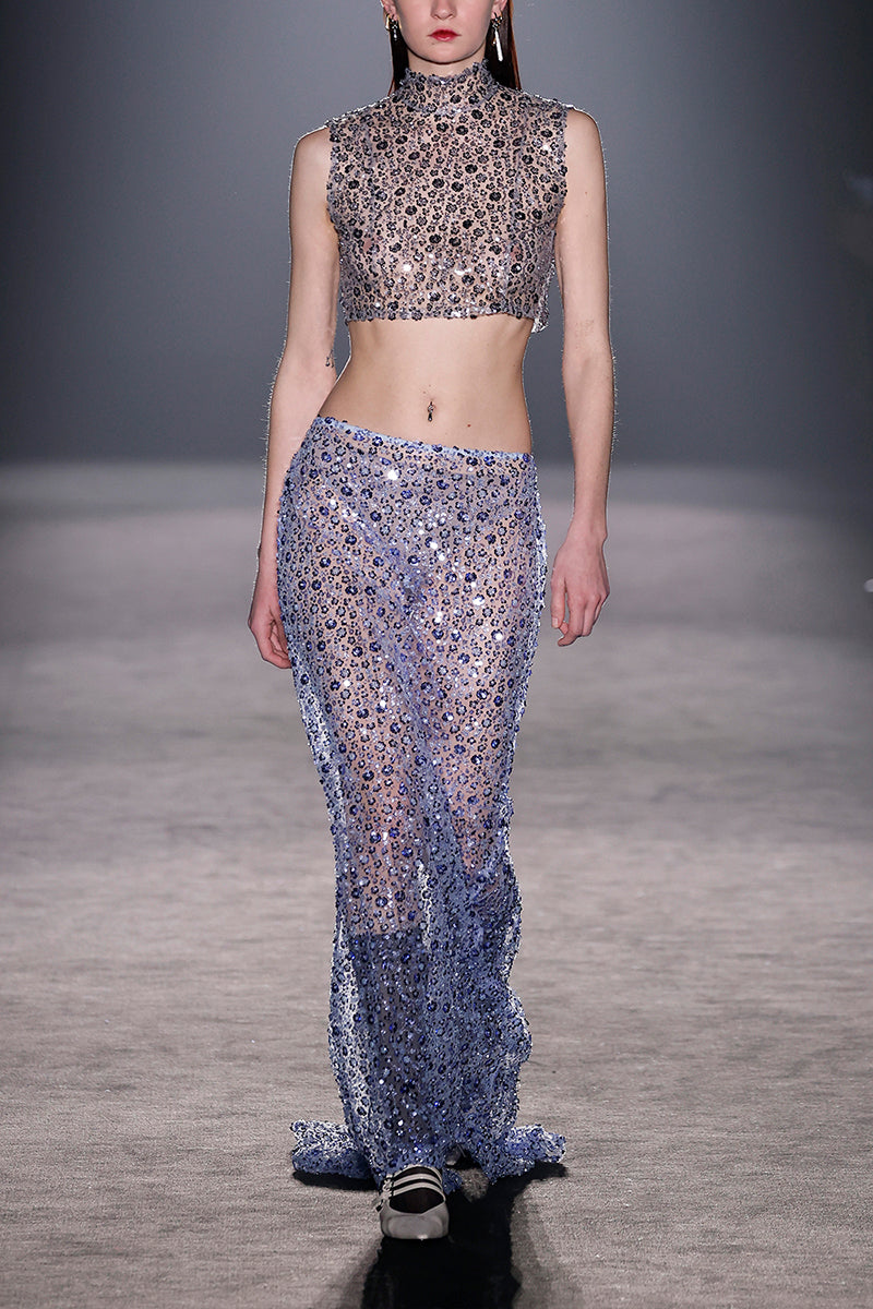 BLUE FLOWER EMBROIDERED MAXI SKIRT - CULT MIA