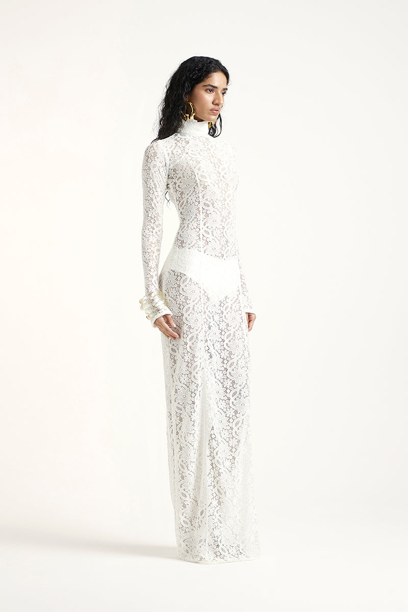 Deme By Gabriella amber off-white maxi dress with flowing fabric and elegant design, perfect for summer or special occasions.