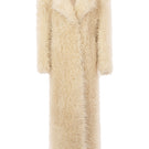 Creamy white plush fur maxi coat by Kris Marán, featuring a soft, luxurious texture and stylish oversized fit.