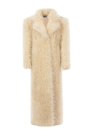 Creamy white plush fur maxi coat by Kris Marán, featuring a soft, luxurious texture and stylish oversized fit.