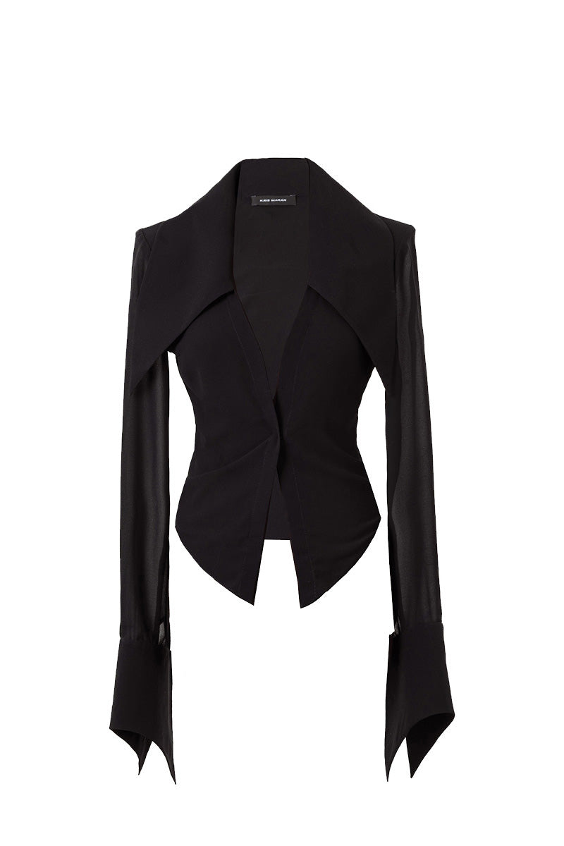 SHEER LOUNGE SHIRT WITH OVERSIZED COLLAR IN BLACK