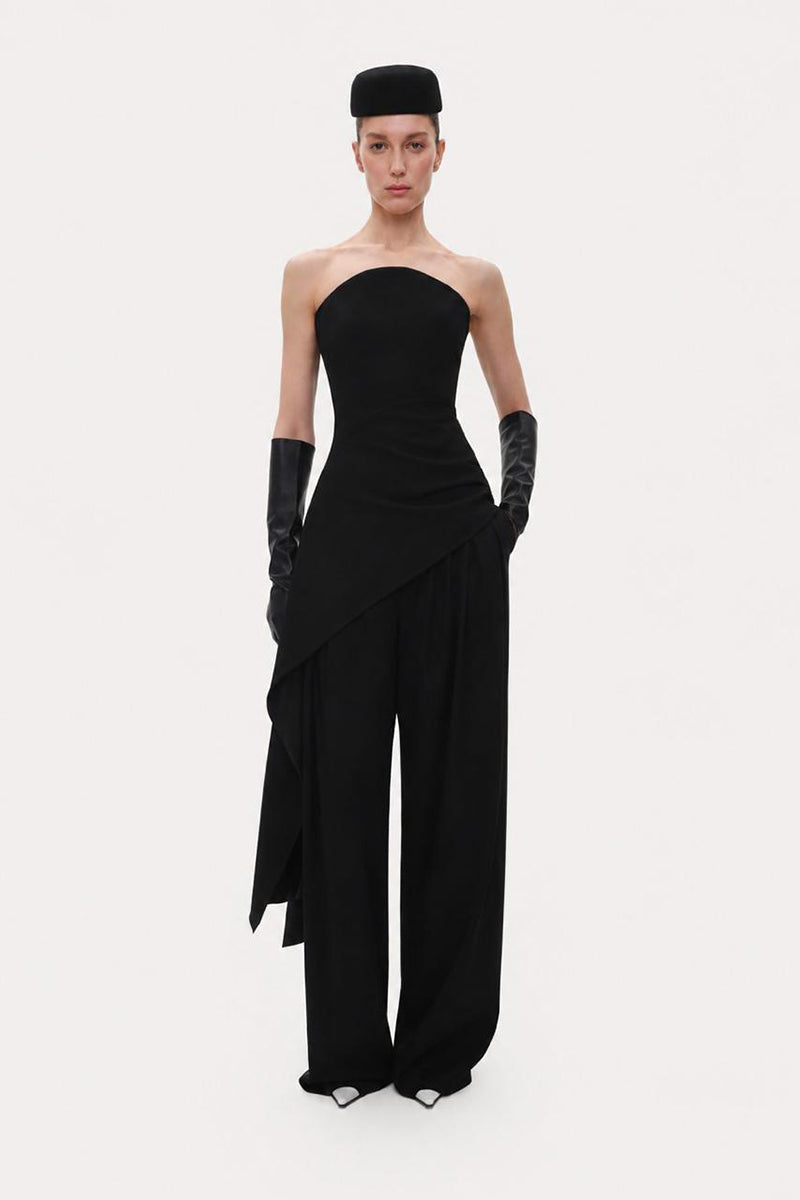Black wide-leg wool trousers by ELENAREVA, showcasing tailored pants with a relaxed fit and smooth fabric texture.
