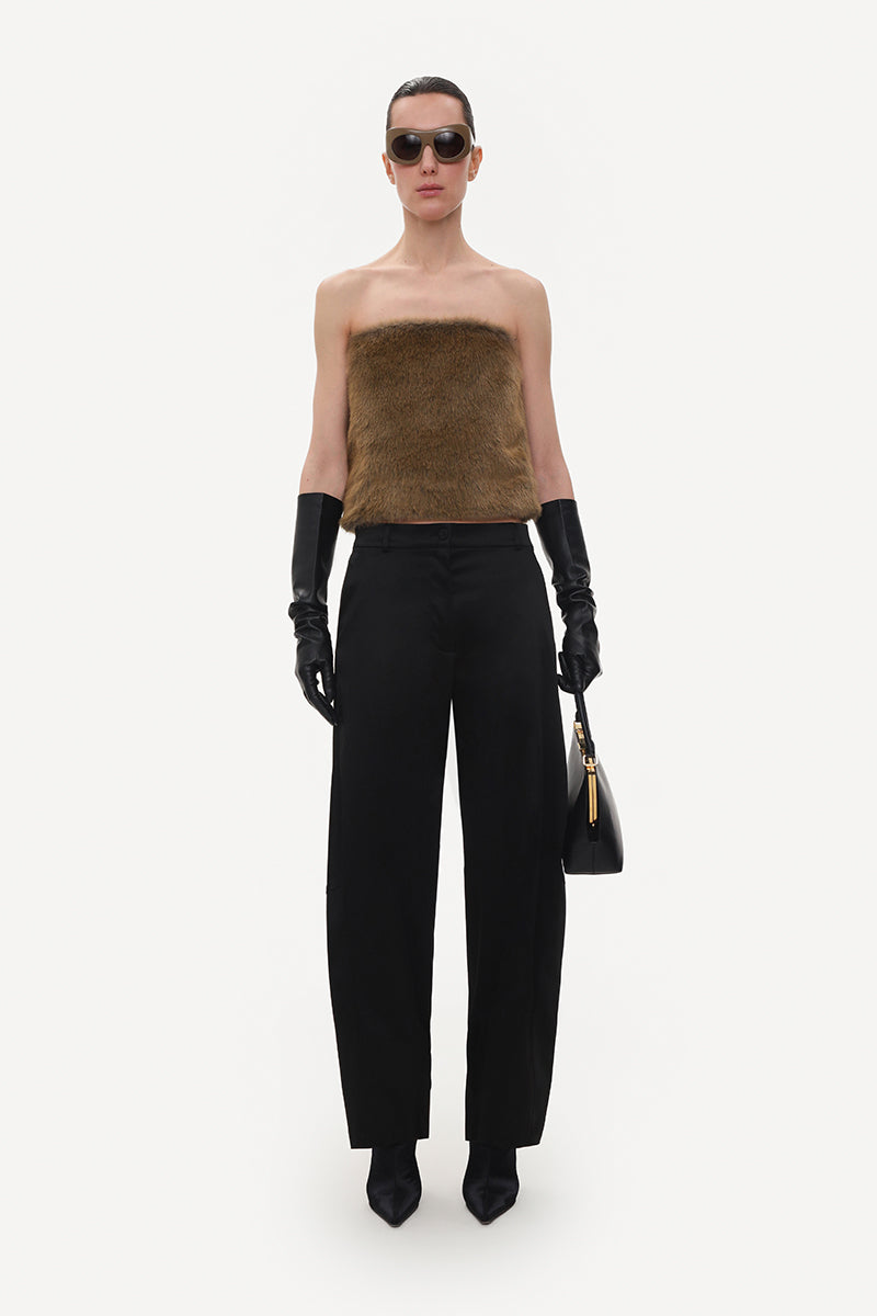 Black satin barrel-leg trousers by ELENAREVA featuring a sleek, high-waisted design and relaxed fit with tapered legs.