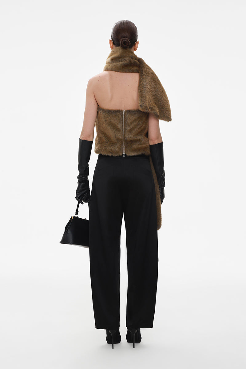 Black satin barrel-leg trousers by ELENAREVA, featuring a sleek design with a fitted waistband and relaxed fit through the legs.