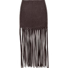 Brown hand-braided fringe midi skirt by Kris Marán, featuring intricate woven details and a flowing silhouette.