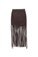 Brown hand-braided fringe midi skirt by Kris Marán, featuring intricate woven details and a flowing silhouette.
