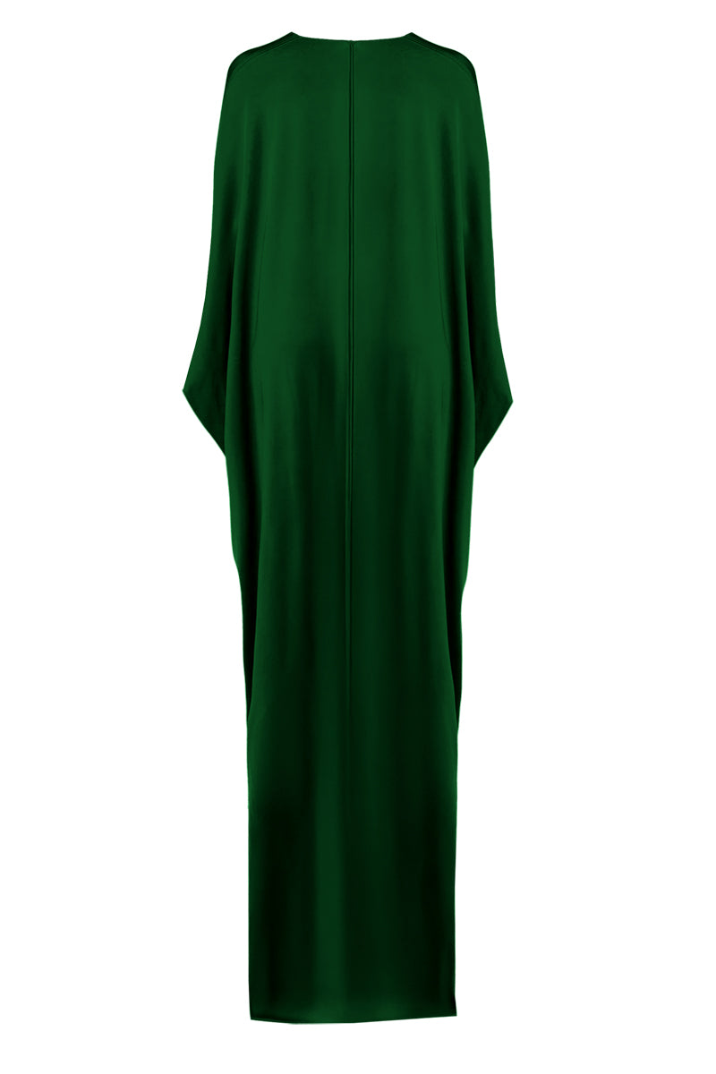 GATHERED VISCOSE JERSEY KAFTAN DRESS IN EMERALD - CULT MIA
