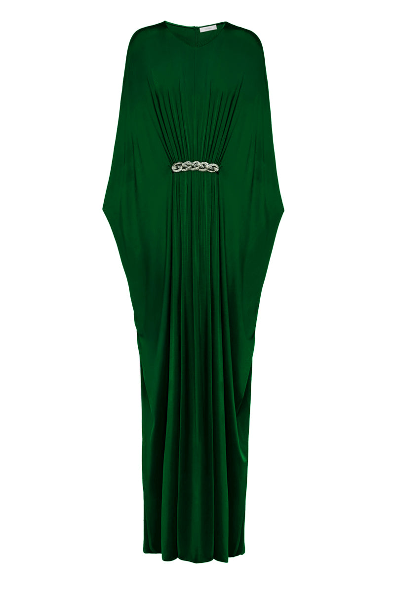 GATHERED VISCOSE JERSEY KAFTAN DRESS IN EMERALD - CULT MIA