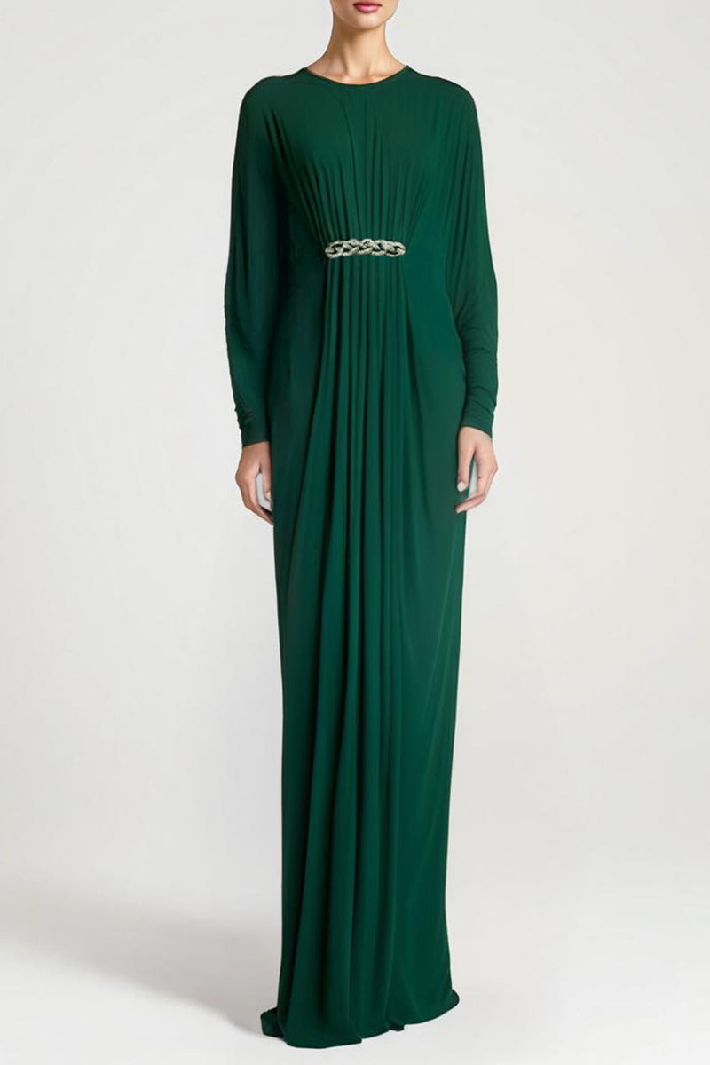 GATHERED VISCOSE JERSEY KAFTAN DRESS IN EMERALD - CULT MIA
