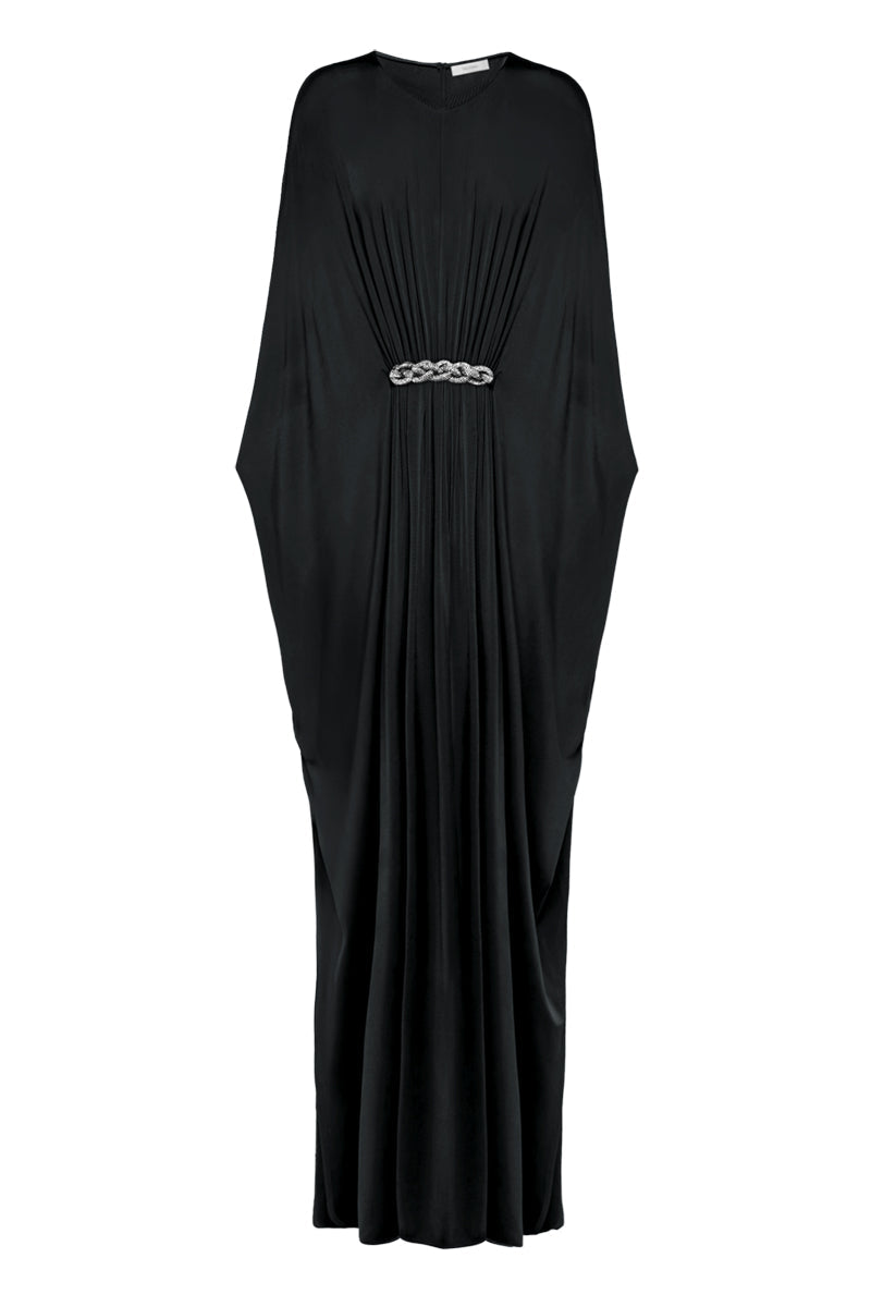 GATHERED VISCOSE JERSEY KAFTAN DRESS IN GUNMETAL - CULT MIA