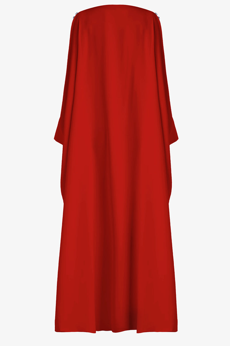 SemSem vermilion boat neck kaftan maxi dress featuring crystal button details and a ghost back design.