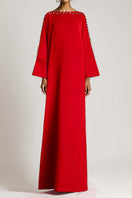 SemSem vermilion boat neck kaftan maxi dress with crystal button detail, front view showcasing elegant, flowing fabric.
