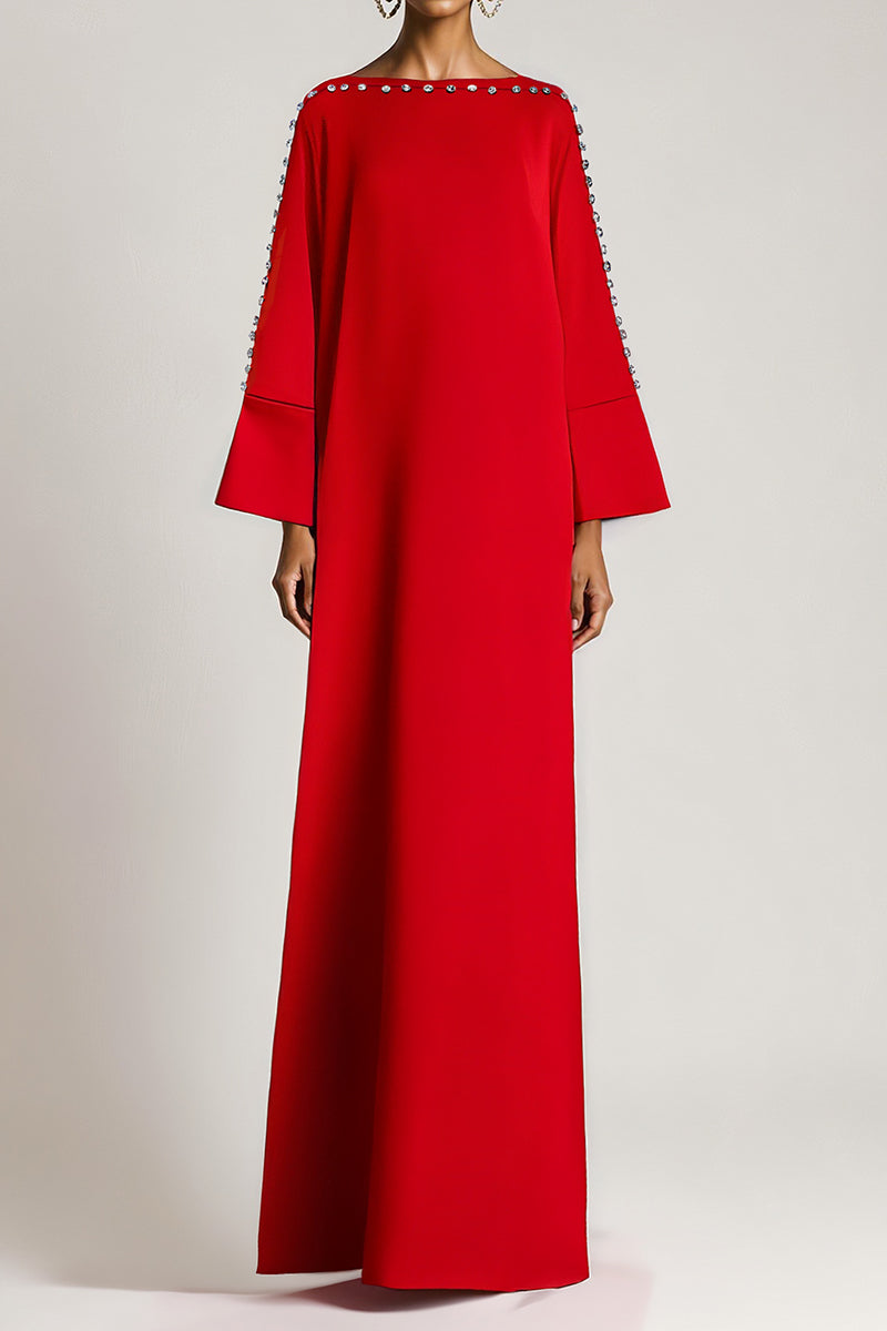 SemSem vermilion boat neck kaftan maxi dress with crystal button detail, front view showcasing elegant, flowing fabric.