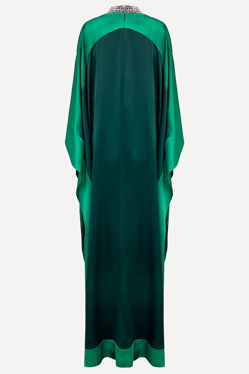 COLOR BLOCKED SILK KAFTAN DRESS IN EMERALD AND HUNTER GREEN - CULT MIA