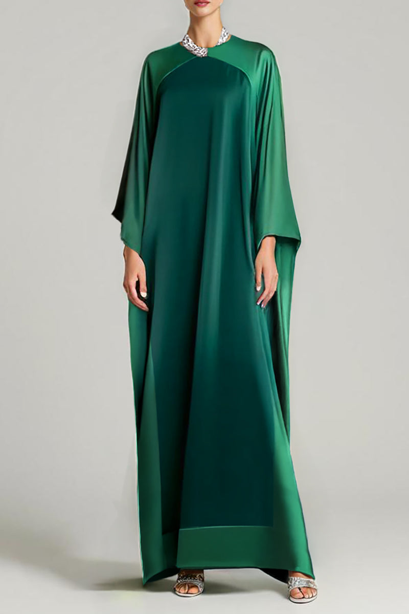 COLOR BLOCKED SILK KAFTAN DRESS IN EMERALD AND HUNTER GREEN - CULT MIA