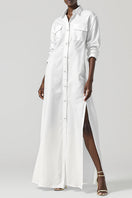 White Egyptian cotton shirt dress by SemSem, featuring a maxi dress style with a tailored front and classic collar.