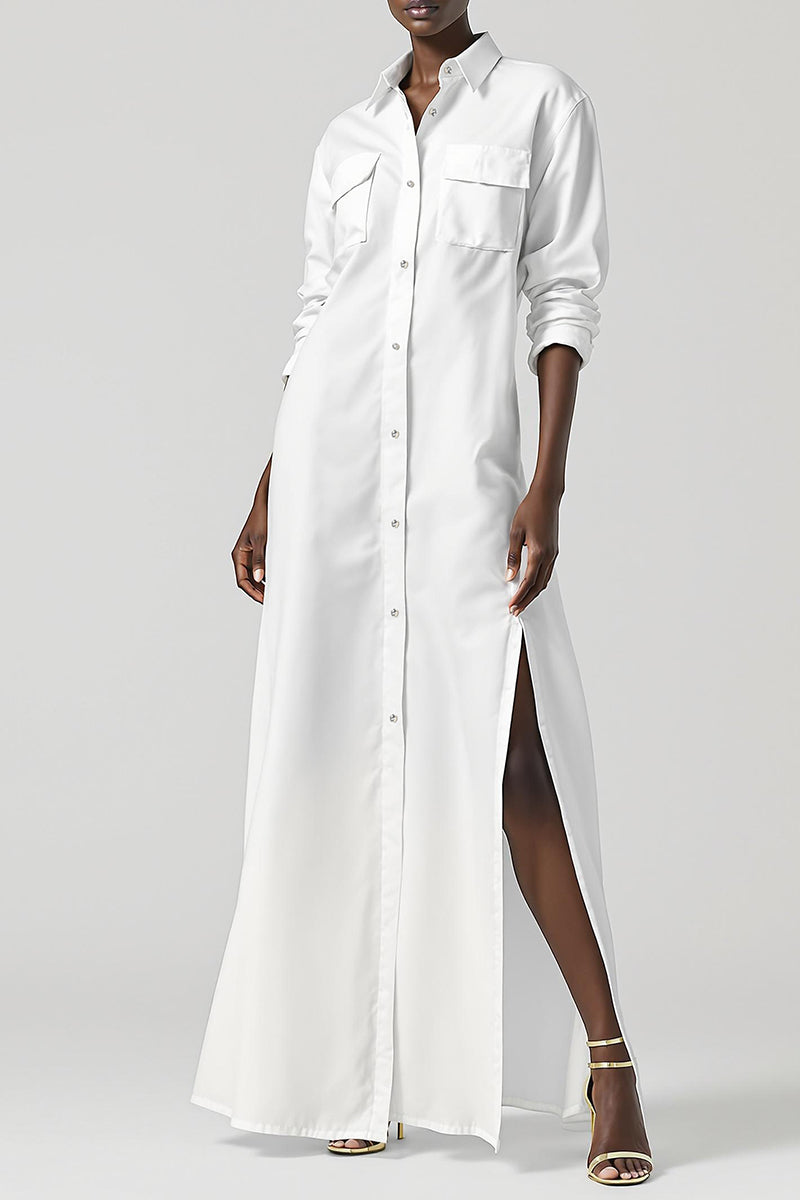 White Egyptian cotton shirt dress by SemSem, featuring a maxi dress style with a tailored front and classic collar.