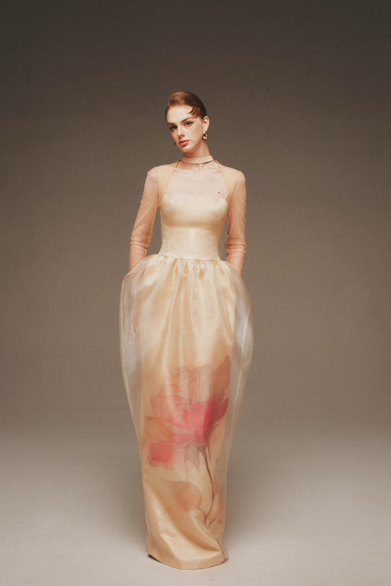 Elegant peony bloom organza maxi dress by Margée Atelier, featuring flowing fabric and intricate floral details.
